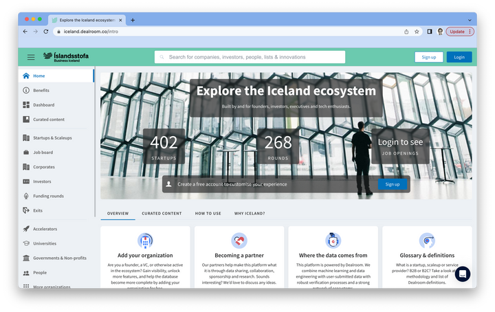 A screenshot of the website iceland.dealroom.com that has information about startups in Iceland.